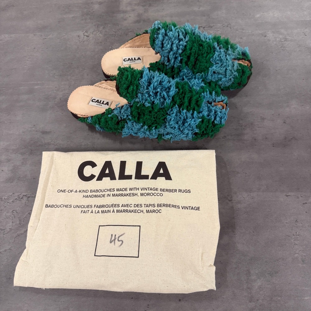 CALLA Babouche Slippers Unisex 11/12 45 Vintage Berber Rug Green Blue NEW $230